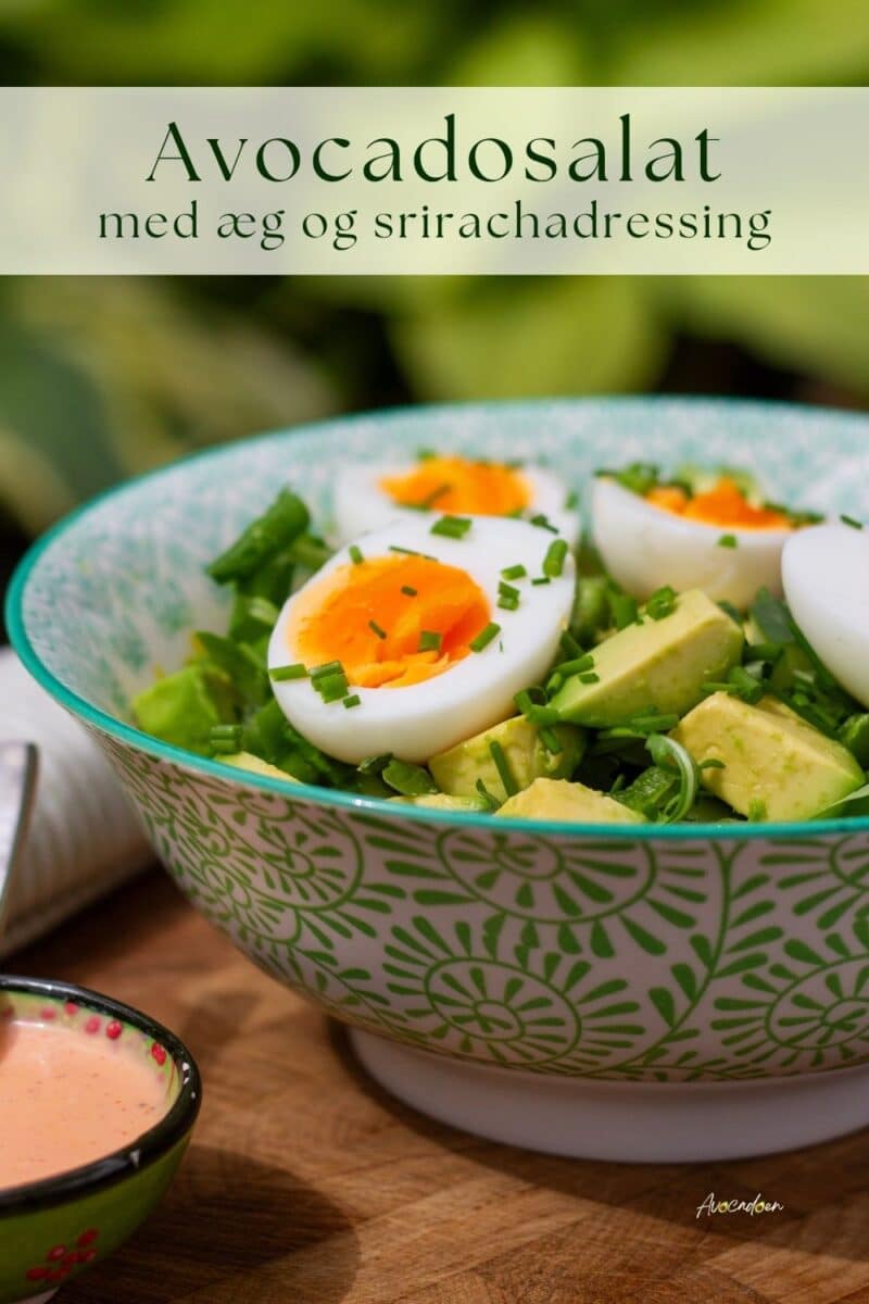 Avocadosalat med æg og lime-srirachadressing pyntet med purløg
