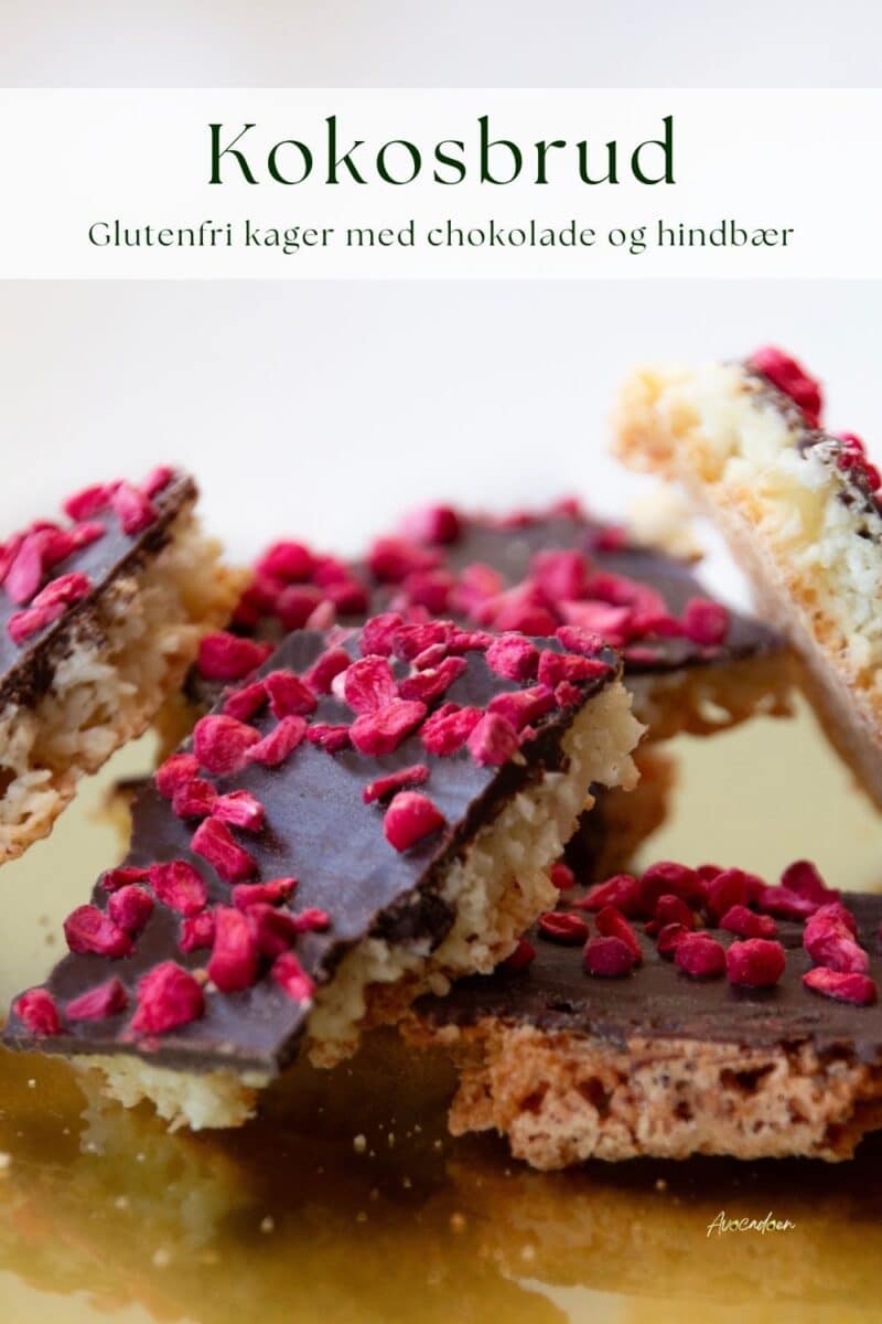 Glutenfri kager med kokos, chokolade og hindbær brækket i rustikke stykker