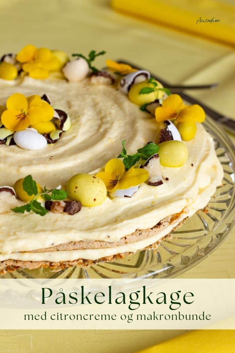 Citronkage med citroncreme og makronbunde med birkes. Pyntet med påskeæg.