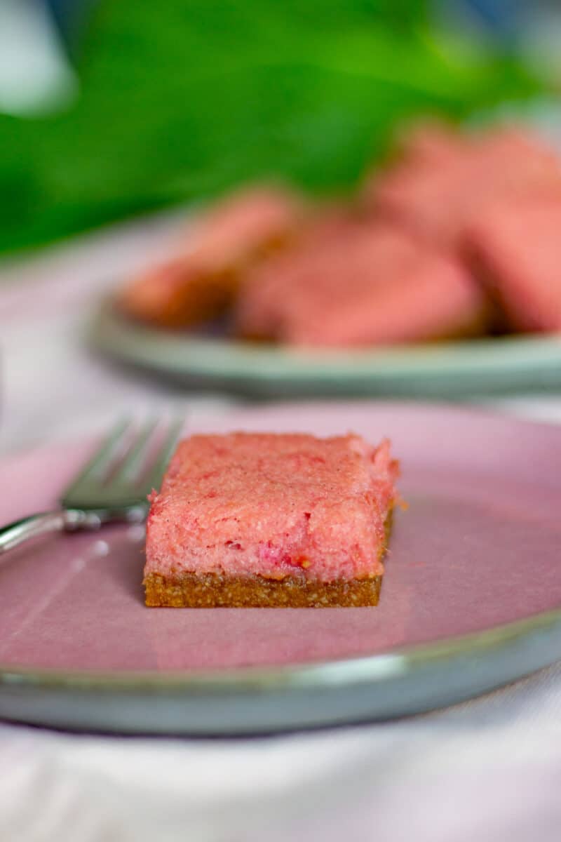 Rabarberkage med rabarbermousse skåret i firkanter