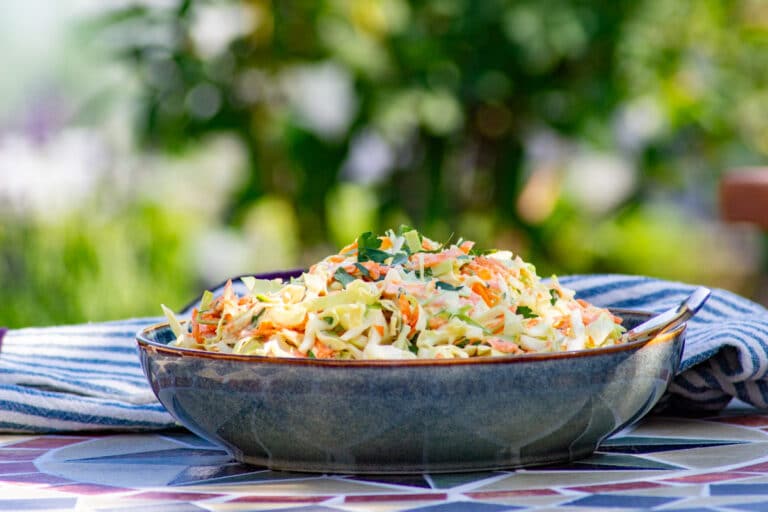 En skål coleslaw på et sommerligt bord