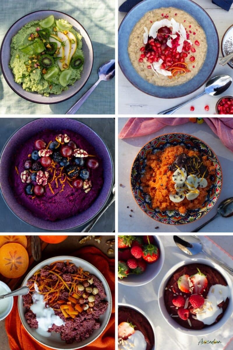 6 slags energigrød med forskellige slags toppings