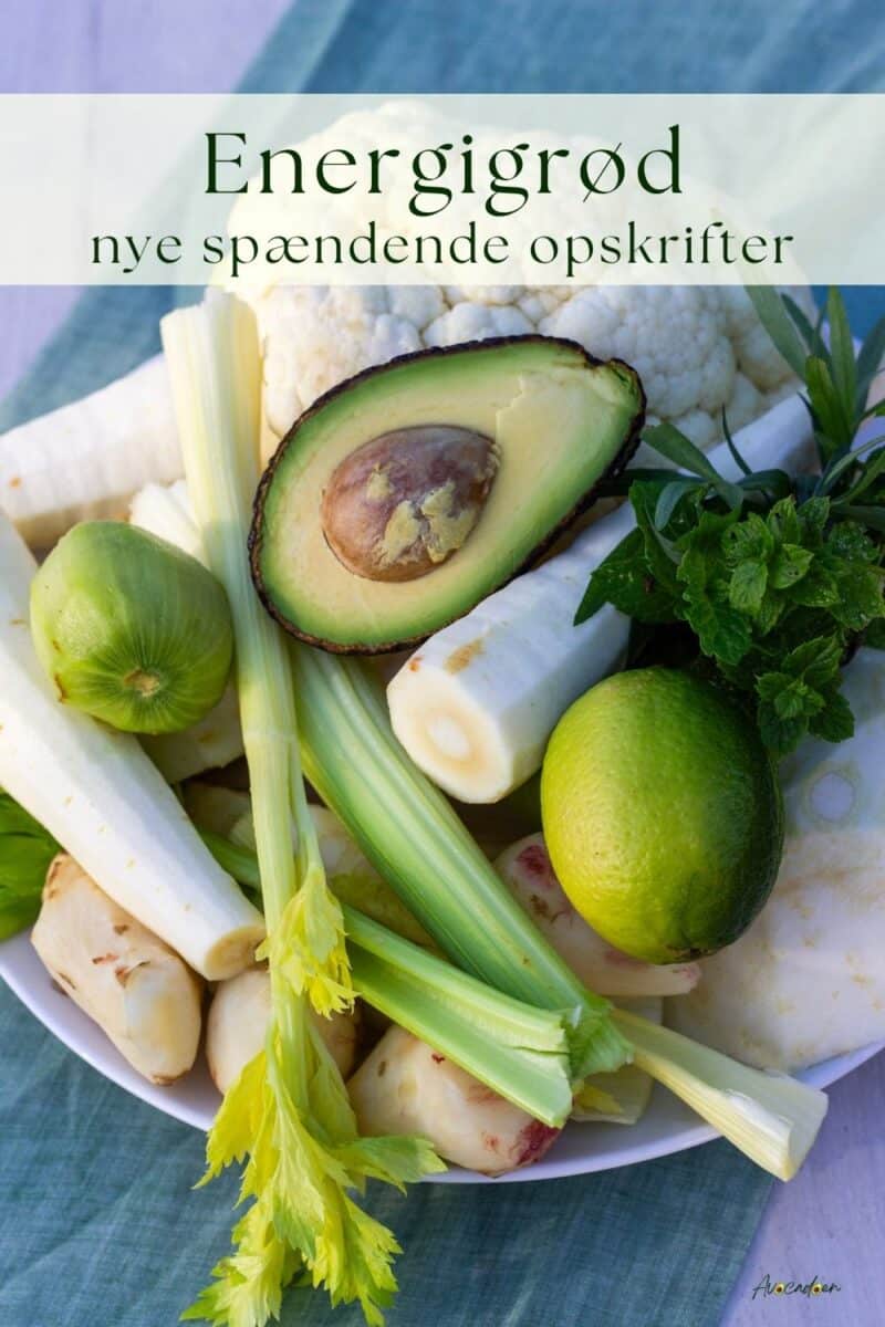 Avocado, kiwi, krydderuter, Kål og andre grove grøntsager i lysegrønne og lyse nuancer.