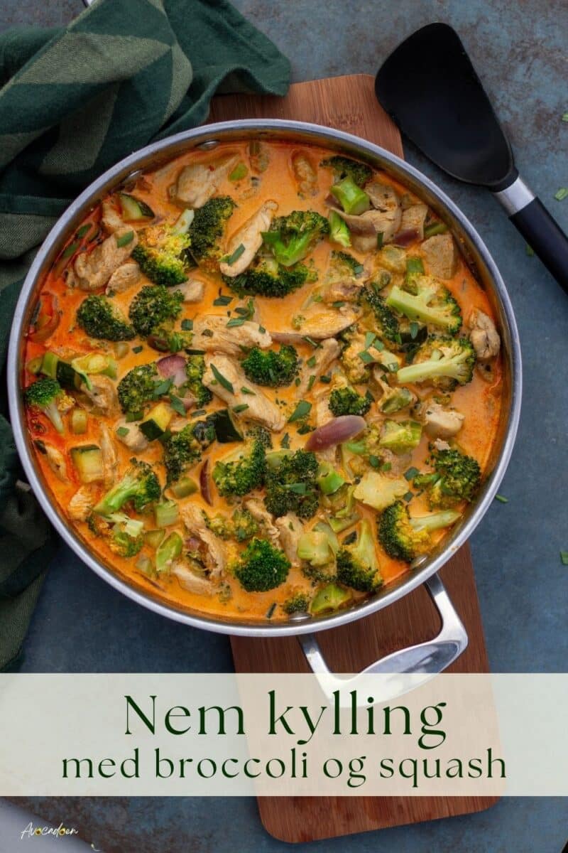 Små stykker kylling i en pande med broccoli, squash og rødløg i flødesovs med paprika og estragon.